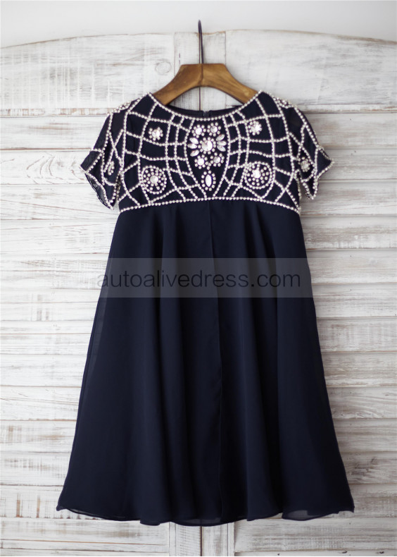 Navy Blue Chiffon Beaded Short Sleeves Knee Length Flower Girl Dress